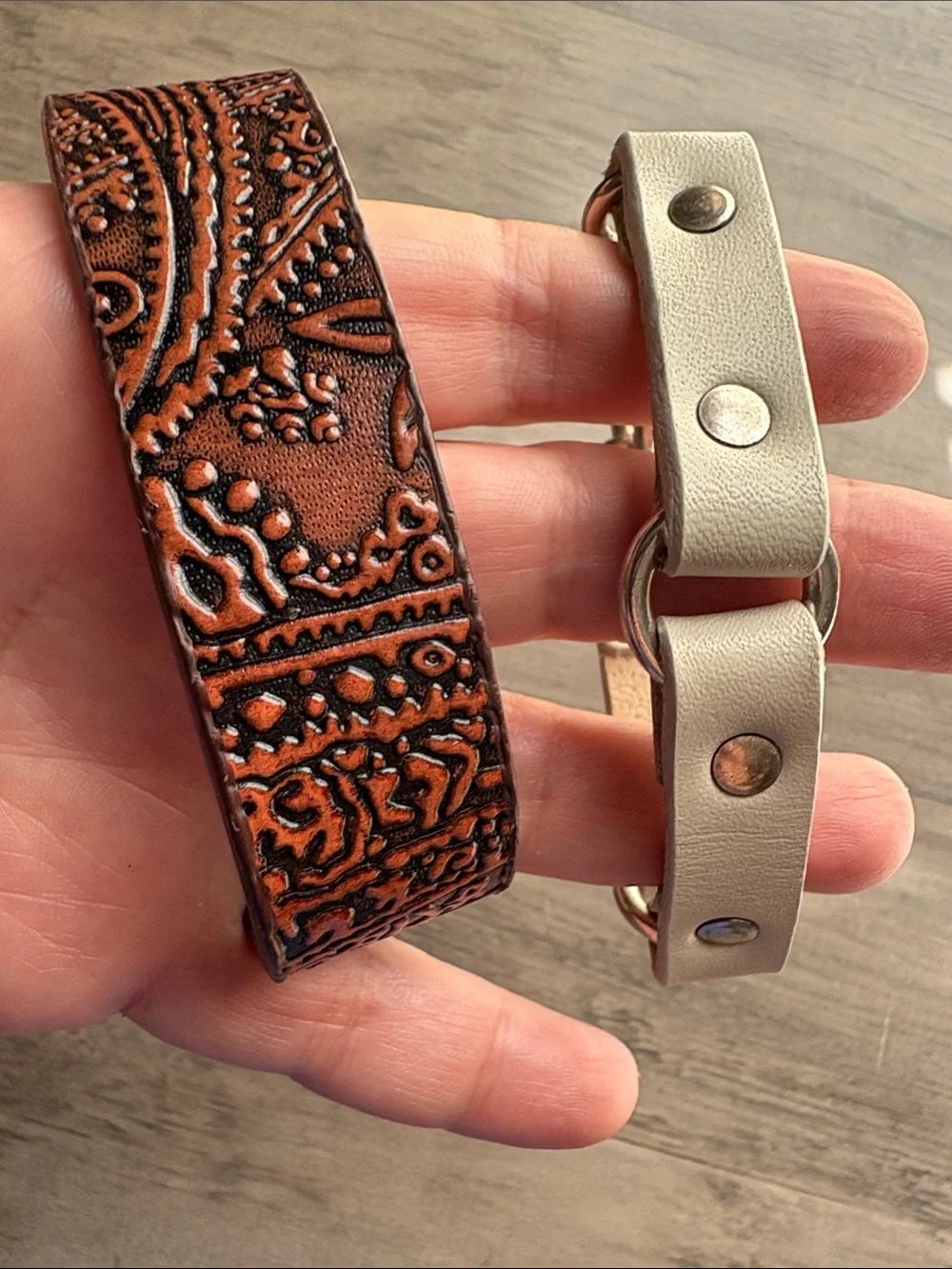 Handcrafted Tooled Brown Leather Bracelet with Silver Accent Strap